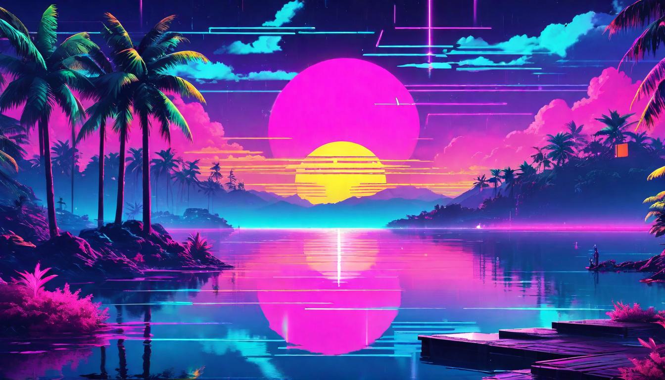  vaporwave,cyberpunk game style A twilight sky, a dance of light and shadow over a serene lake, the paradox of suffering and solace intertwined, tranquil yet profoundeon, dystopian, futuristic, digital, vibrant, detailed, high contrast, reminiscent of cyberpunk genre video games,retro aesthetic, cyberpunk, vibrant, neon colors, vintage 80s and 90s style, highly detailed