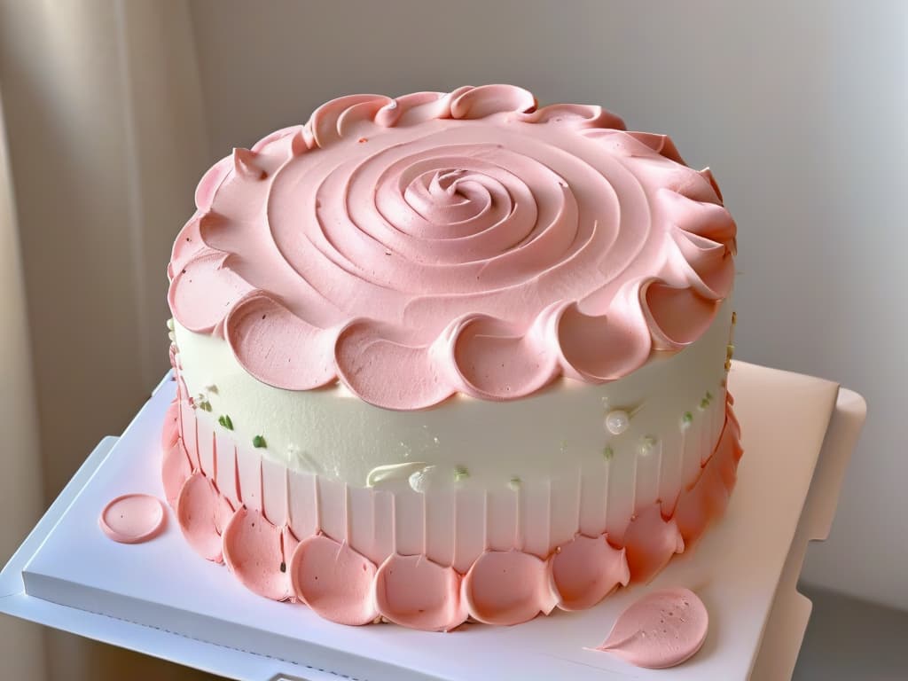  A closeup, ultradetailed image of a delicate, intricate swirl of pastel pink buttercream frosting being expertly piped onto a freshly baked cake, showcasing the precision and artistry involved in pastry making. The texture of the frosting is smooth and glossy, with tiny air bubbles adding a sense of lightness and elegance to the overall design. The piping bag is held firmly in the hand of a skilled pastry chef, their focus evident in the steady, controlled movements as they create a beautiful, symmetrical pattern on the cake's surface. The lighting is soft and diffused, highlighting every curve and detail of the frosting as it takes shape, embodying the dedication and mastery required to excel in the art of pastry. hyperrealistic, full body, detailed clothing, highly detailed, cinematic lighting, stunningly beautiful, intricate, sharp focus, f/1. 8, 85mm, (centered image composition), (professionally color graded), ((bright soft diffused light)), volumetric fog, trending on instagram, trending on tumblr, HDR 4K, 8K