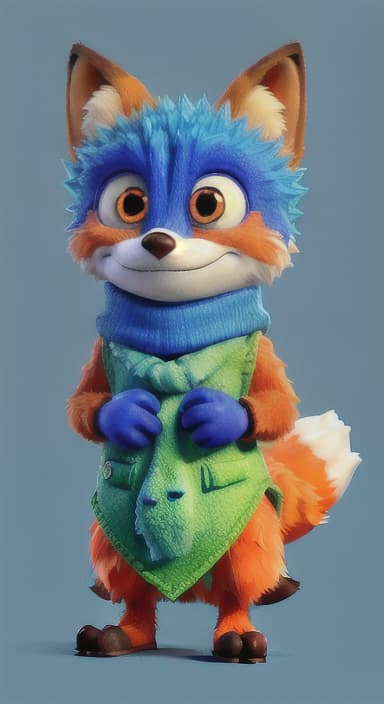  {Error the fox pressing the blue button with his paw, looking puzzled as nothing occurs., Error is a small, bright orange fox with a fluffy tail and big, inquisitive eyes. He has a mischievous yet kind expression and wears a tiny green scarf.