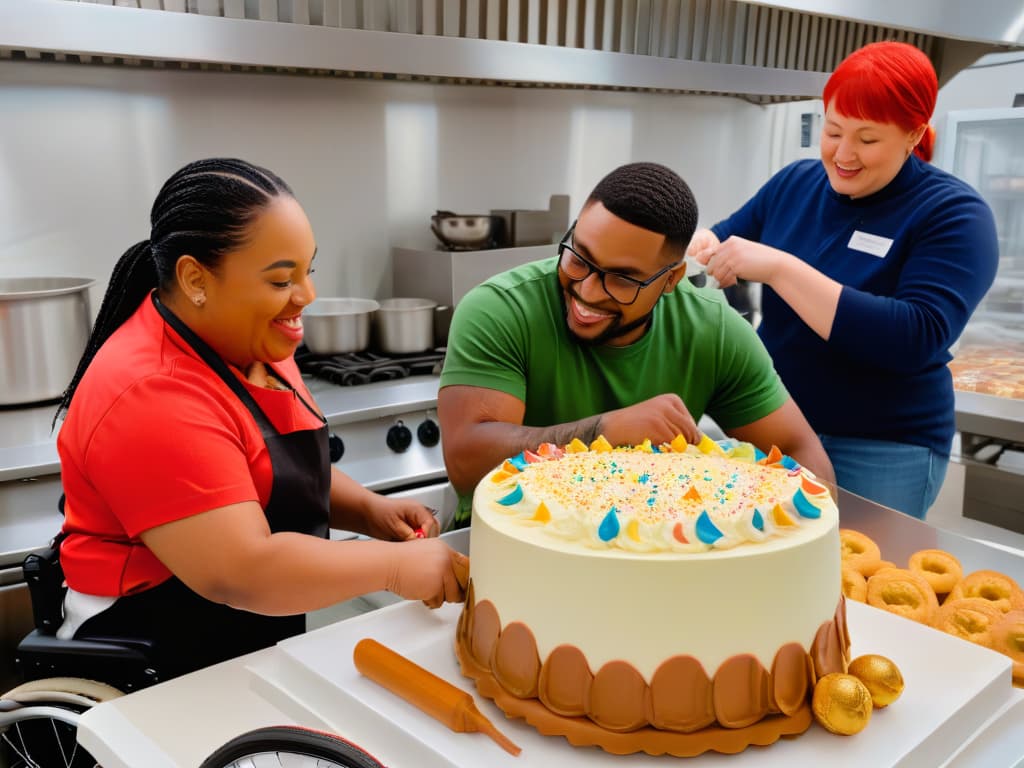  An ultradetailed photorealistic image of a diverse group of individuals with disabilities joyfully working together in a fully equipped bakery kitchen. The scene depicts a young woman in a wheelchair expertly piping colorful frosting onto a cake, a visually impaired man carefully measuring ingredients, and a person with Down syndrome enthusiastically decorating cookies. The kitchen is bustling with activity, showcasing adaptive tools and equipment designed to facilitate a seamless baking experience for individuals of all abilities. The atmosphere is warm and inclusive, emphasizing empowerment, collaboration, and the beauty of diversity in the culinary world. hyperrealistic, full body, detailed clothing, highly detailed, cinematic lighting, stunningly beautiful, intricate, sharp focus, f/1. 8, 85mm, (centered image composition), (professionally color graded), ((bright soft diffused light)), volumetric fog, trending on instagram, trending on tumblr, HDR 4K, 8K