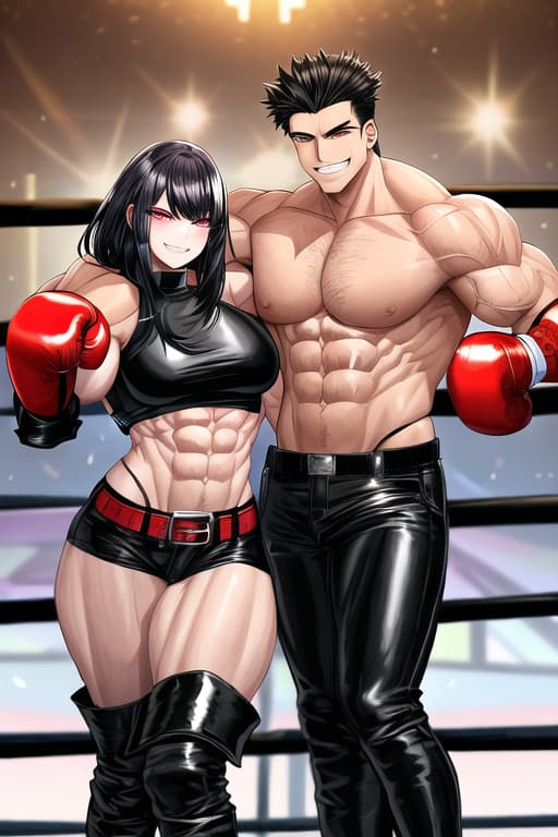  1 young asian women,muscular,big muscles,big biceps,leather jackett,black punk boots,black leather gloves,leather pants,strict,evil grin,black leather bedroom,boxing gloves,black leather jackett
