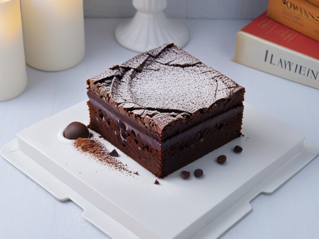  A closeup, ultradetailed image of a decadent sugarfree gourmet brownie topped with a delicate dusting of cocoa powder, presented on a sleek, minimalist white plate. The brownie is perfectly square, showcasing a rich, fudgy texture with visible chunks of dark chocolate, emitting a tempting aroma that seems to waft off the screen. The lighting is soft and natural, creating a contrast that highlights the glossy surface of the brownie, making it an irresistible centerpiece for any highend dessert spread. hyperrealistic, full body, detailed clothing, highly detailed, cinematic lighting, stunningly beautiful, intricate, sharp focus, f/1. 8, 85mm, (centered image composition), (professionally color graded), ((bright soft diffused light)), volumetric fog, trending on instagram, trending on tumblr, HDR 4K, 8K