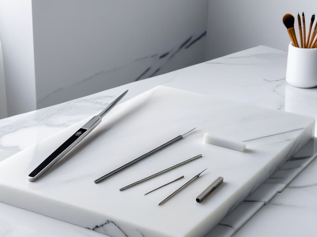  An ultradetailed closeup image of a set of sleek, modern sugar sculpting tools arranged neatly on a clean, white marble countertop. Each tool reflects the soft glow of overhead lighting, showcasing their intricate designs and polished surfaces. The tools include precision knives, sculpting picks, shaping molds, and delicate brushes, all exuding an air of professionalism and craftsmanship. hyperrealistic, full body, detailed clothing, highly detailed, cinematic lighting, stunningly beautiful, intricate, sharp focus, f/1. 8, 85mm, (centered image composition), (professionally color graded), ((bright soft diffused light)), volumetric fog, trending on instagram, trending on tumblr, HDR 4K, 8K