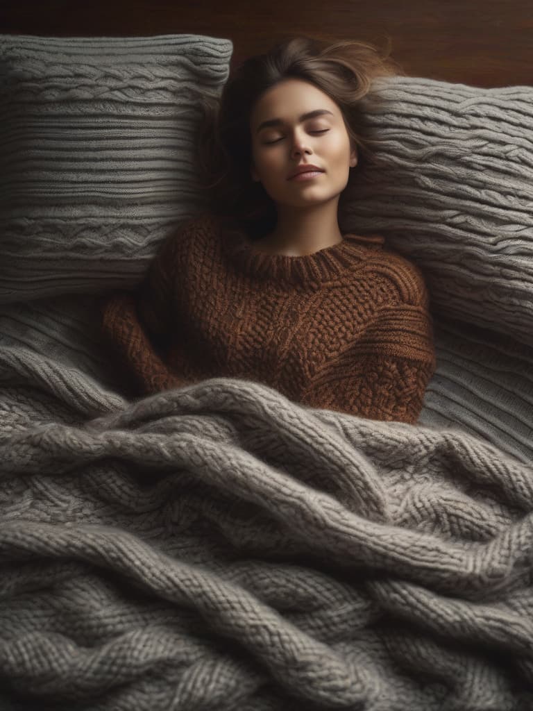  The girl wearing brown and gray knitted sweaters is lying on gray textiles, sleeping on the bed with a blanket on top hyperrealistic, full body, detailed clothing, highly detailed, cinematic lighting, stunningly beautiful, intricate, sharp focus, f/1. 8, 85mm, (centered image composition), (professionally color graded), ((bright soft diffused light)), volumetric fog, trending on instagram, trending on tumblr, HDR 4K, 8K