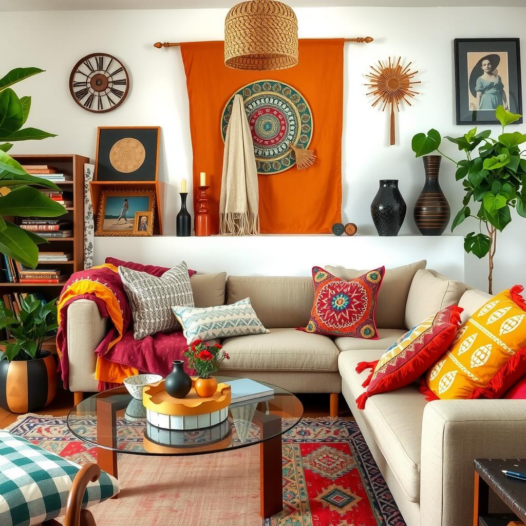  cozy boho living room featuring a mix of colorful throws and layered blankets on a plush sofa, adorned with vibrant cushions, patterned rugs, and eclectic decor. emphasize warmth and a lively atmosphere with bright colors and inviting textures., ,