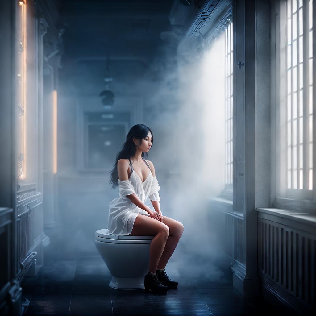  Nikita's sitting on the big toilet. ,highly detailed, cinematic lighting, stunningly beautiful, intricate, sharp focus, f1. 8, 85mm, (centered image composition), (professionally color graded), ((bright soft diffused light)), volumetric fog, trending on instagram, trending on tumblr, HDR 4K, 8K