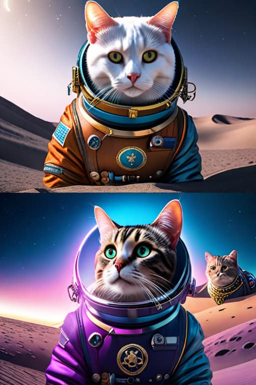  Pink Dalmatian dog , Pirate cat , in space suits on the Moon , high detailed , 8K hyperrealistic, full body, detailed clothing, highly detailed, cinematic lighting, stunningly beautiful, intricate, sharp focus, f/1. 8, 85mm, (centered image composition), (professionally color graded), ((bright soft diffused light)), volumetric fog, trending on instagram, trending on tumblr, HDR 4K, 8K