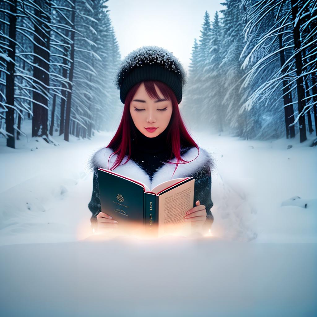  A beautiful girl holding a book with the word IZZI in her hands against the backdrop of a New Year's train and a forest with trees. Perhaps this IZZI book is a mysterious work filled with magic and adventure. Behind the girl, the New Year's train is rushing along snowy tracks, with the surrounding trees covered in a layer of fresh snow, creating a magical winter atmosphere. The girl is engrossed in reading and perhaps she is in her own literary world where anything is possible. This scene depicts a mixture of beauty, mystery, and festive joy. The vision of such a scene is visually appealing and evokes a sense of wonder and enchantment hyperrealistic, full body, detailed clothing, highly detailed, cinematic lighting, stunningly beautiful, intricate, sharp focus, f/1. 8, 85mm, (centered image composition), (professionally color graded), ((bright soft diffused light)), volumetric fog, trending on instagram, trending on tumblr, HDR 4K, 8K