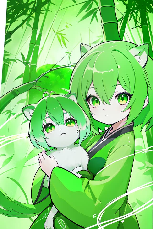  Green hair character bamboo thicket, high image quality, 4K, 8K, detailed details, detailed description