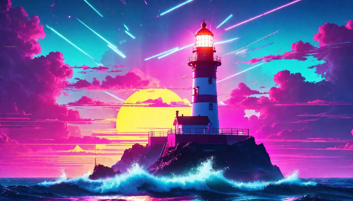  vaporwave,cyberpunk game style A lighthouse beacon in the night, symbolizing guidance and safety, sturdy structure against a tumultuous sea, beacon of hope, steadfasteon, dystopian, futuristic, digital, vibrant, detailed, high contrast, reminiscent of cyberpunk genre video games,retro aesthetic, cyberpunk, vibrant, neon colors, vintage 80s and 90s style, highly detailed