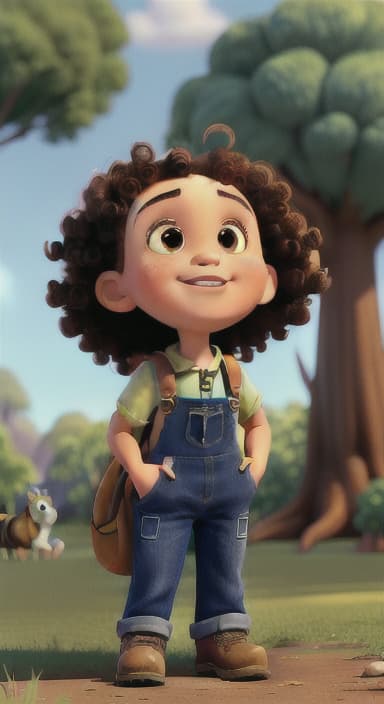  {Riley looking up at the tree with a big smile, animals surrounding them., Riley, a curious with big brown eyes and curly hair, wearing overalls and carrying a small backpack. Their friend, Skye, a bluebird with shiny feathers.