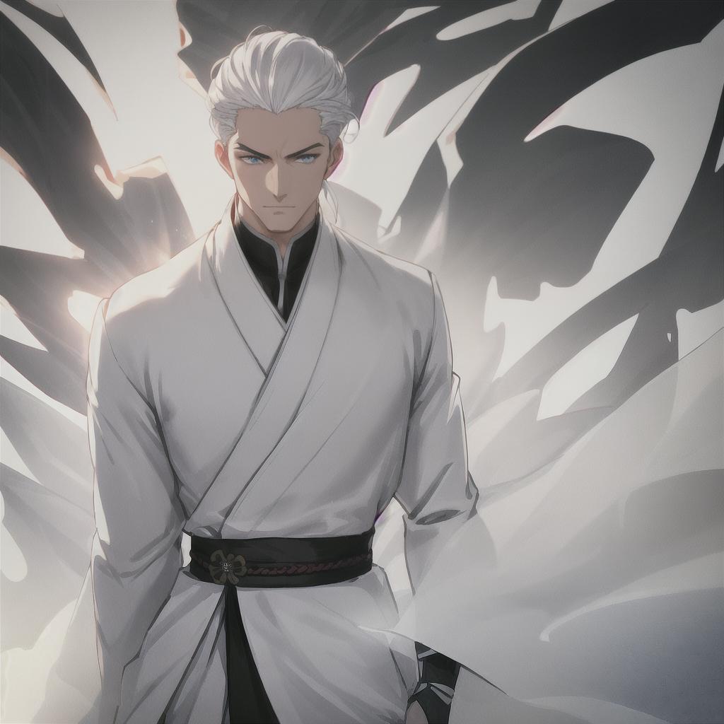  [anime man, caucasian ethnicity, caucasian ethnicity, young, wide body, blue eyes, slicked back hair style, white hair] [samurai clothes] hyperrealistic, full body, detailed clothing, highly detailed, cinematic lighting, stunningly beautiful, intricate, sharp focus, f/1. 8, 85mm, (centered image composition), (professionally color graded), ((bright soft diffused light)), volumetric fog, trending on instagram, trending on tumblr, HDR 4K, 8K