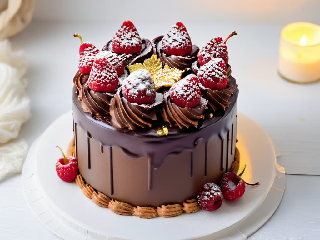  A closeup, ultradetailed image of a decadent chocolate cake with glossy ganache dripping down the sides, adorned with fresh raspberries and delicate gold leaf flakes on a sleek, modern white plate, set against a soft, blurred background to enhance the cake's luscious textures and vibrant colors. hyperrealistic, full body, detailed clothing, highly detailed, cinematic lighting, stunningly beautiful, intricate, sharp focus, f/1. 8, 85mm, (centered image composition), (professionally color graded), ((bright soft diffused light)), volumetric fog, trending on instagram, trending on tumblr, HDR 4K, 8K