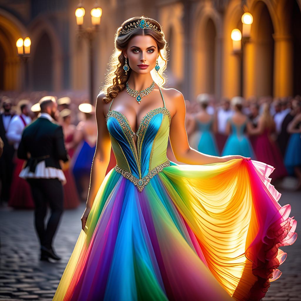  Renaissance style In the rhythm of a waltz, a simple motif was formed All who heard it, sang along to it The colourful light couples swirled, swirled, swirled. But this beautiful girl didn't hear the waltz. Who was dressed so gracefully in her Domino costume. The colourful light couples went round and round and round . realistic, perspective, light and shadow, religious or mythological themes, highly detailed hyperrealistic, full body, detailed clothing, highly detailed, cinematic lighting, stunningly beautiful, intricate, sharp focus, f/1. 8, 85mm, (centered image composition), (professionally color graded), ((bright soft diffused light)), volumetric fog, trending on instagram, trending on tumblr, HDR 4K, 8K