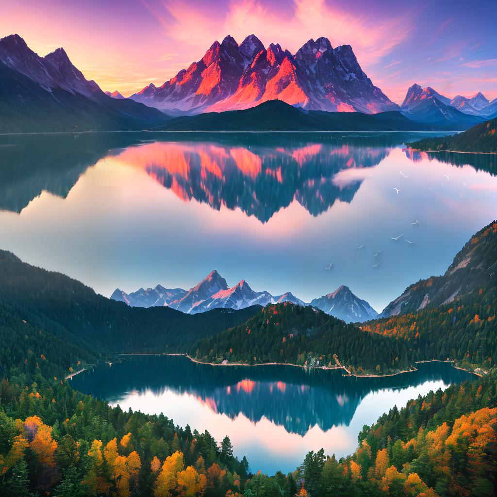  A breathtaking masterpiece of a mountain landscape at sunset, created with the best quality and ultra-detailed precision. This 8k resolution artwork captures the serene beauty of nature's colors and lighting. (Mountains) basking in the warm golden glow of the setting sun, (reflecting on a tranquil lake), surrounded by ((lush green forests)) and (rolling hills). The sky is painted with vibrant hues of orange, pink, and purple, while fluffy clouds add a touch of drama to the scene. The crystal-clear water of the lake perfectly mirrors the majestic mountains, creating a harmonious reflection. A few birds soar gracefully in the sky, adding a sense of freedom and movement to the stillness of the landscape. hyperrealistic, full body, detailed clothing, highly detailed, cinematic lighting, stunningly beautiful, intricate, sharp focus, f/1. 8, 85mm, (centered image composition), (professionally color graded), ((bright soft diffused light)), volumetric fog, trending on instagram, trending on tumblr, HDR 4K, 8K