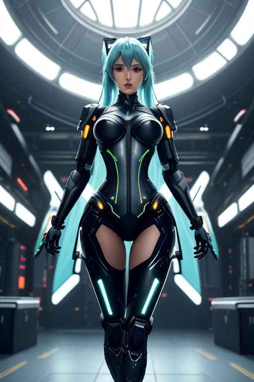  cgmech, beautiful eyes, upper body, underboob, portrait, robot, corset , Hatsune Miku, neon light, 8K, RAW, best quality, masterpiece, ultra high res, colorful, (medium wide shot), (dynamic perspective), sharp focus , (depth of field, bokeh:1.3), extremely detailed eyes and face, beautiful detailed eyes,medium breasts,(black gold, trimmed gear :1.2),(In a futuristic weapons factory:1.2), ((masterpiece, best quality)), <lora:more details:0.3> Detailed background, spaceship interior <lora:Niji:0.5> hyperrealistic, full body, detailed clothing, highly detailed, cinematic lighting, stunningly beautiful, intricate, sharp focus, f/1. 8, 85mm, (centered image composition), (professionally color graded), ((bright soft diffused light)), volumetric fog, trending on instagram, trending on tumblr, HDR 4K, 8K