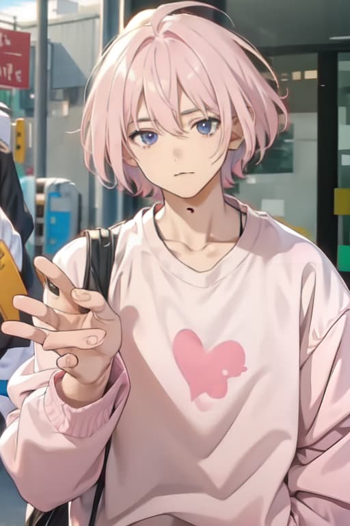  Young male, baggy pink shirt, fluffy white hair, cute, handsome, short, hand on , 