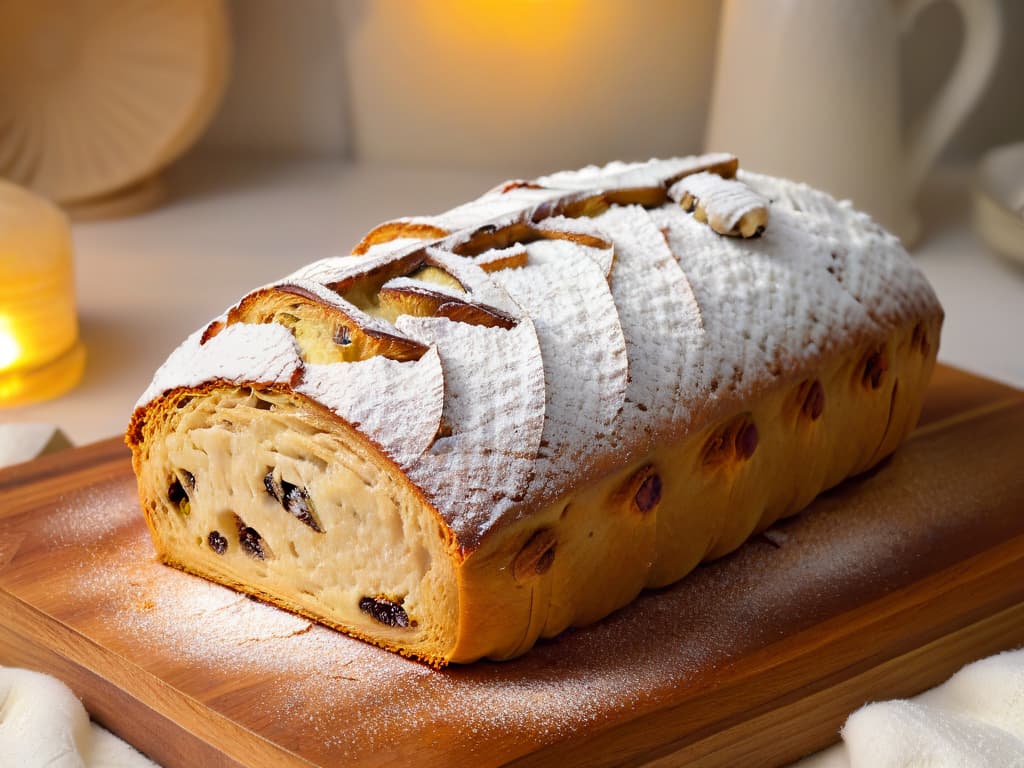  A closeup, ultradetailed image of a freshly baked Stollen loaf dusted with a generous layer of powdered sugar, resting on a rustic wooden cutting board. The golden crust glistens under a soft ambient light, showcasing the intricate folds and textures of the traditional German fruit bread. The powdered sugar delicately shimmers, hinting at the sweetness within, while the background remains blurred, drawing the viewer's focus solely on the masterpiece of the Stollen. hyperrealistic, full body, detailed clothing, highly detailed, cinematic lighting, stunningly beautiful, intricate, sharp focus, f/1. 8, 85mm, (centered image composition), (professionally color graded), ((bright soft diffused light)), volumetric fog, trending on instagram, trending on tumblr, HDR 4K, 8K