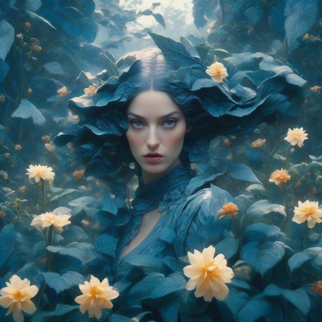  cinematic film still surrealism art designed by Tran Nguyen, medium wide shot of a Serious Friendly traditional Emo (Elsie Hewitt:1.2) , earthly, natural, flowers and plants, Ektachrome plants expressing shame, Valkyrie, Navy Blue trimmings, Hopeful, stylized, Neo Dada Art, Selective focus, close up, polished, dramatic, luxurious, perfect composition, imposing, complimentary colors . shallow depth of field, vignette, highly detailed, high budget, bokeh, cinemascope, moody, epic, gorgeous, film grain, grainy hyperrealistic, full body, detailed clothing, highly detailed, cinematic lighting, stunningly beautiful, intricate, sharp focus, f/1. 8, 85mm, (centered image composition), (professionally color graded), ((bright soft diffused light)), volumetric fog, trending on instagram, trending on tumblr, HDR 4K, 8K