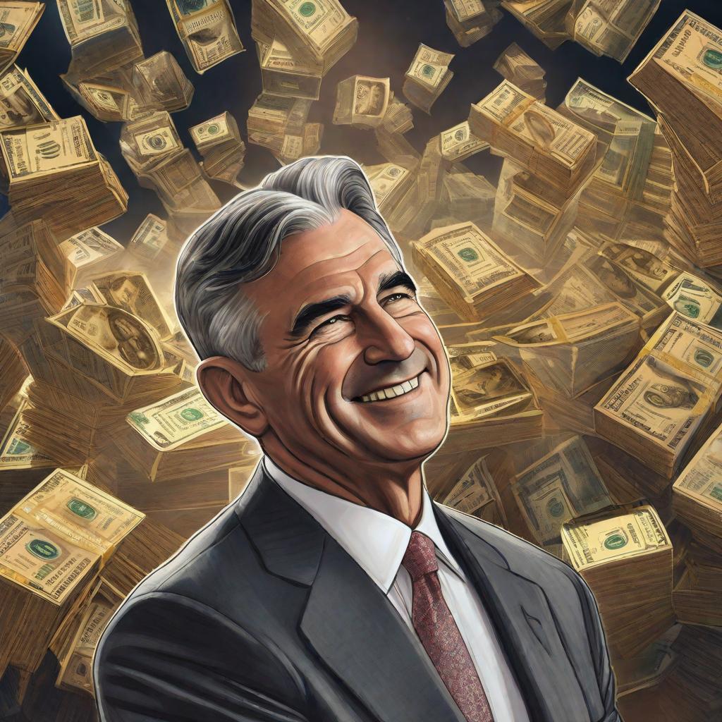  Draw Jerome Powell and he is very, very happy with stocks rising and behind him stocks are rising hyperrealistic, full body, detailed clothing, highly detailed, cinematic lighting, stunningly beautiful, intricate, sharp focus, f/1. 8, 85mm, (centered image composition), (professionally color graded), ((bright soft diffused light)), volumetric fog, trending on instagram, trending on tumblr, HDR 4K, 8K