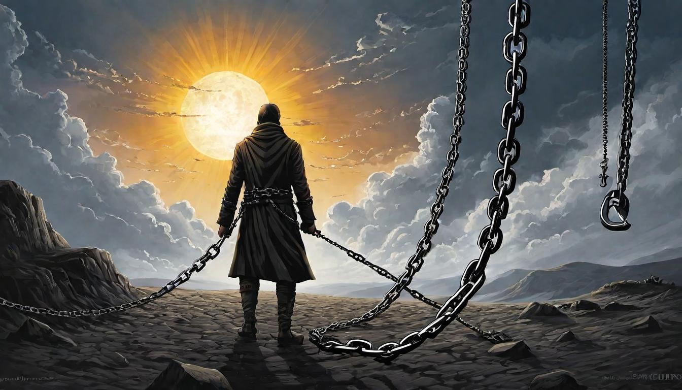  （surrealism)A figure shackled by chains labeled 'Productivity', breaking free, shackles shattering, fragments in air, determined expression, rising sun behind, liberation, resilience mystic, intricate details, best quality)