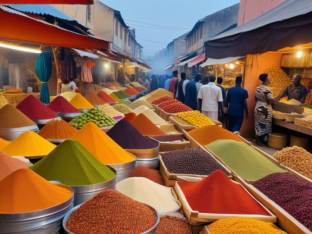  An ultradetailed image of a vibrant marketplace in Africa, filled with colorful spices, exotic fruits, and traditional African sweets being sold by local vendors. The scene captures the bustling energy of the market, with customers browsing the array of unique ingredients while the sun sets in the background, casting a warm glow over the scene. The image conveys the rich and diverse flavors of African cuisine, inspiring the reader to explore new recipes and ingredients in their own kitchen. hyperrealistic, full body, detailed clothing, highly detailed, cinematic lighting, stunningly beautiful, intricate, sharp focus, f/1. 8, 85mm, (centered image composition), (professionally color graded), ((bright soft diffused light)), volumetric fog, trending on instagram, trending on tumblr, HDR 4K, 8K