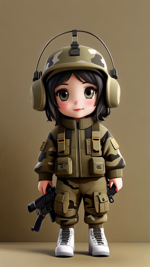 Full body two heads, machine gun, camouflage full body military aircraft, girl, cute.