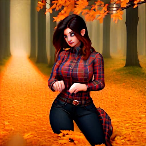  girl in leaves plaid shirt unbuttoned hyperrealistic, full body, detailed clothing, highly detailed, cinematic lighting, stunningly beautiful, intricate, sharp focus, f/1. 8, 85mm, (centered image composition), (professionally color graded), ((bright soft diffused light)), volumetric fog, trending on instagram, trending on tumblr, HDR 4K, 8K