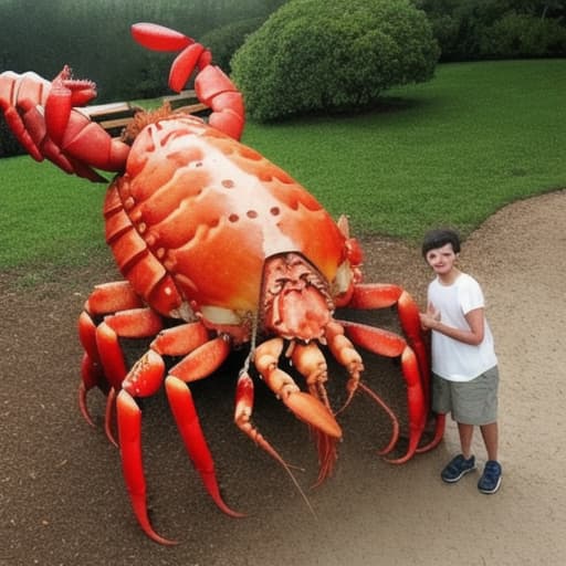  a giant lobster with a chicken on its shoulder