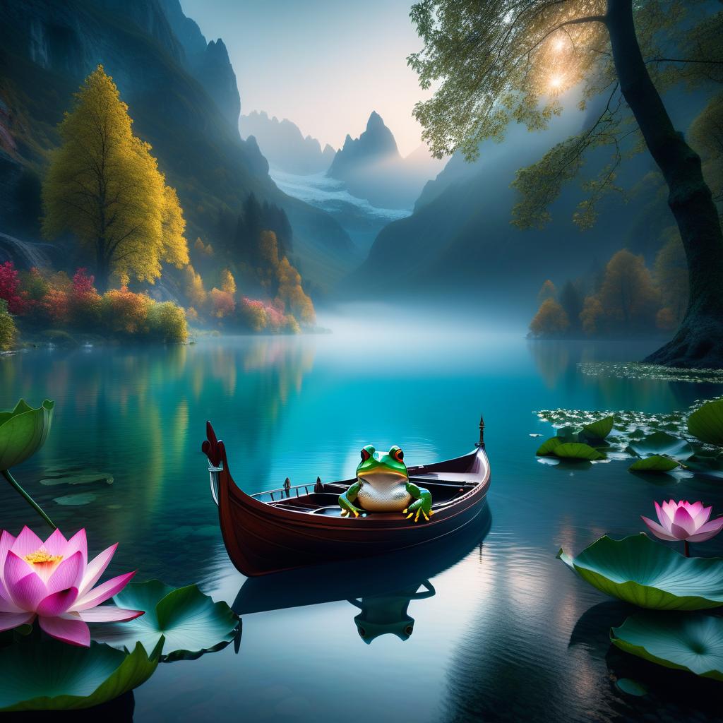  fairy tale (Background): a lake with blooming lotuses of different shades: from white pink to bright crimson and leaves of tender green colour. The sky above the lake of dark blue colour with golden stars scattered on it. (Fantasy Princess Frog): in the centre of the lake on the biggest lotus flower sits a charming frog in a golden crown decorated with blue and blue precious stones. In his paws he holds a ring decorated with blue stones. Style: fantasy, Russian fairy tales, illustrations. . magical, fantastical, enchanting, storybook style, highly detailed hyperrealistic, full body, detailed clothing, highly detailed, cinematic lighting, stunningly beautiful, intricate, sharp focus, f/1. 8, 85mm, (centered image composition), (professionally color graded), ((bright soft diffused light)), volumetric fog, trending on instagram, trending on tumblr, HDR 4K, 8K