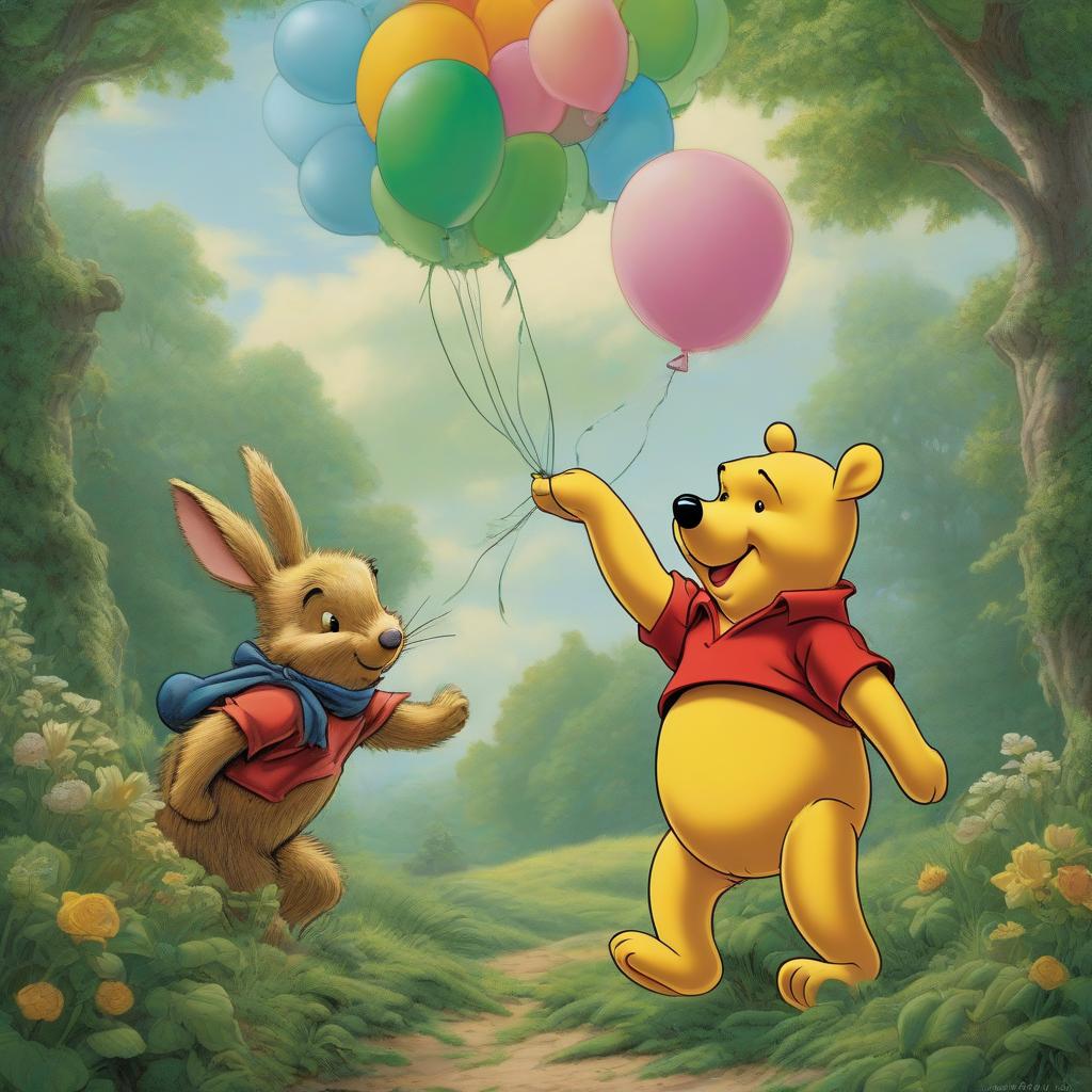  (Comic from Winnie the Pooh and Rabbit's life) inspired by the story by Alan Alexander Milne. (Winnie the Pooh is taller than the Rabbit). (Winnie the Pooh gives Rabbit a green colored balloon). Oil painting, canvas, high detail in brushstrokes. Style of comic art. hyperrealistic, full body, detailed clothing, highly detailed, cinematic lighting, stunningly beautiful, intricate, sharp focus, f/1. 8, 85mm, (centered image composition), (professionally color graded), ((bright soft diffused light)), volumetric fog, trending on instagram, trending on tumblr, HDR 4K, 8K