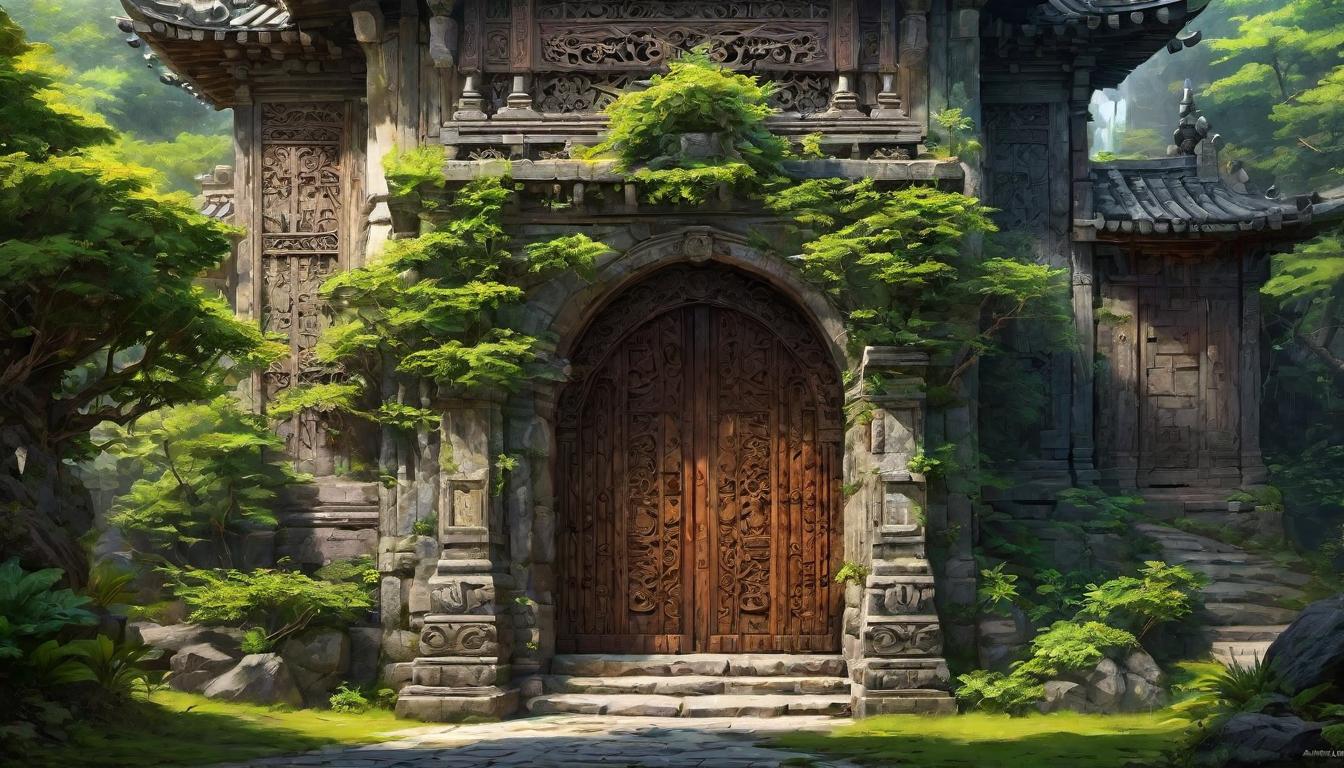  digital painting of A guarded entrance to a hidden sanctuary, intricate carvings and heavy wooden doors, secretive and mysterious, sense of restricted access looking at viewer, dynamic pose, (intricate details, masterpiece, best quality)