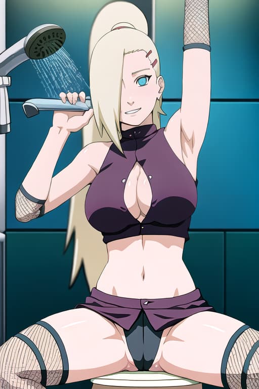  (yamanaka_ino:1.2), hair down,(masterpiece, best quality:1.2), illustration, absurdres, highres, extremely detailed,asymmetrical,cutout,licking,on multiple,looking_front,shower,clitoris,spread_pussy