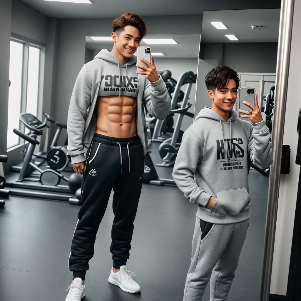  as a cinematic render, Anthro male fox, sweatshirt, sweatpants, in a gym, selfie, in mirror, smiling, full length portrait hyperrealistic, detailed clothing, 4K, 8K, Trendy Fashion Scene