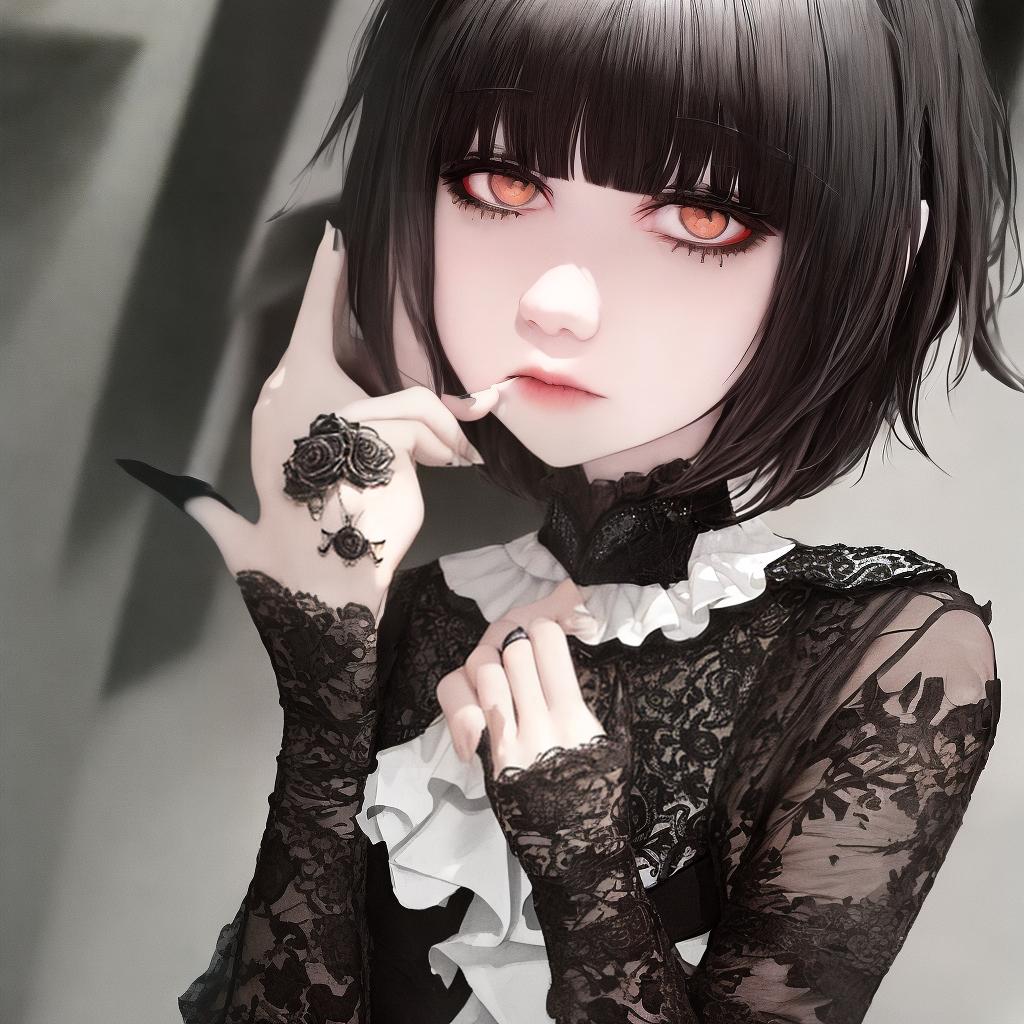  masterpiece, best quality, emo girl, short fluffy hair, black hair, bangs covering eyes, pale skin, emo/goth clothing, e girl style.