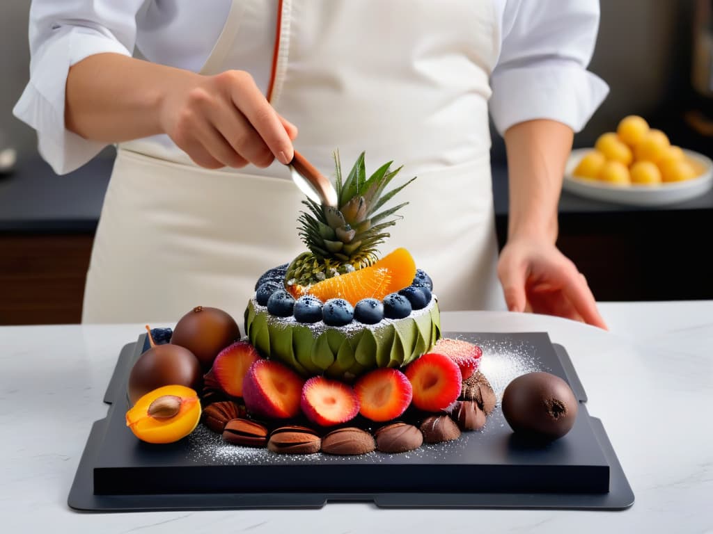  A highresolution, ultradetailed image of a sleek, modern kitchen with various ingredients like vibrant fruits, aromatic spices, and decadent chocolates neatly arranged on a marble countertop. In the background, a chef's hand is expertly mixing different flavors together in a minimalist, elegant bowl, showcasing the art of flavor combination in pastry making. The image conveys a sense of precision, creativity, and innovation in dessert preparation, perfect for the article's theme of global flavor trends in innovative desserts. hyperrealistic, full body, detailed clothing, highly detailed, cinematic lighting, stunningly beautiful, intricate, sharp focus, f/1. 8, 85mm, (centered image composition), (professionally color graded), ((bright soft diffused light)), volumetric fog, trending on instagram, trending on tumblr, HDR 4K, 8K