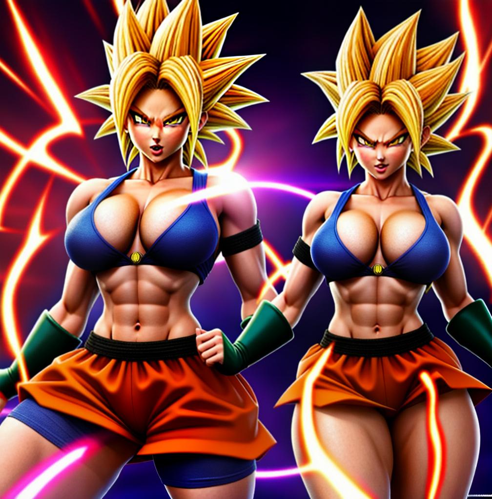  ((foto de cuerpo completo, pie plano, cuerpo recto)), ((laura {Super Super Saiyan mujer con grandes pechos})), ((lleva puesto son goku+Los disfraces de ella son extremadamente ajustados a su cuerpo.))