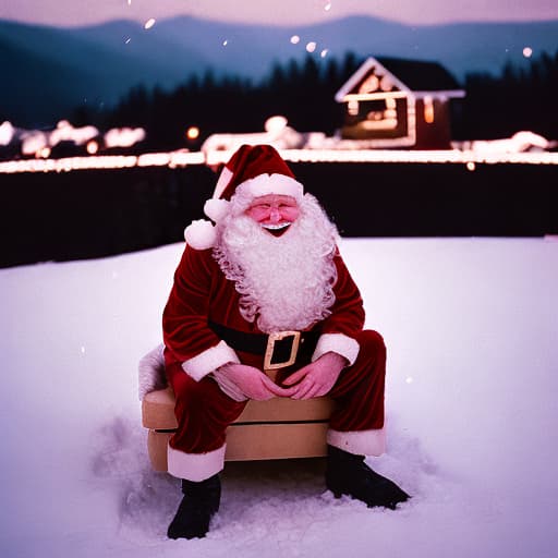 analog style Smiling Santa Claus sitting on a sleigh that is on top of a moving Elizabeth Line train with a bag of presents at night with light snowfall and snowy mountains in the background.