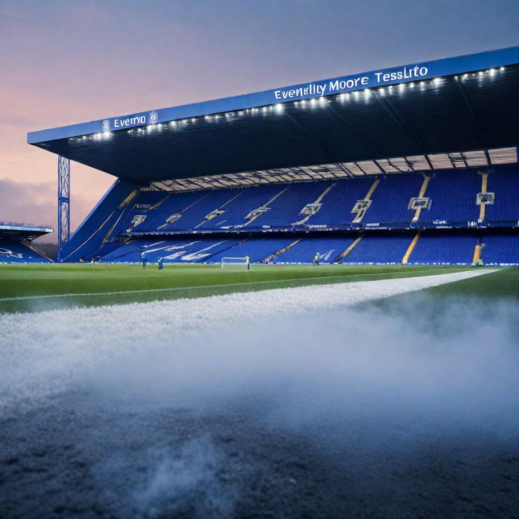  An image of Everton playing at their new stadium on Bramley Moore Dock hyperrealistic, full body, detailed clothing, highly detailed, cinematic lighting, stunningly beautiful, intricate, sharp focus, f/1. 8, 85mm, (centered image composition), (professionally color graded), ((bright soft diffused light)), volumetric fog, trending on instagram, trending on tumblr, HDR 4K, 8K