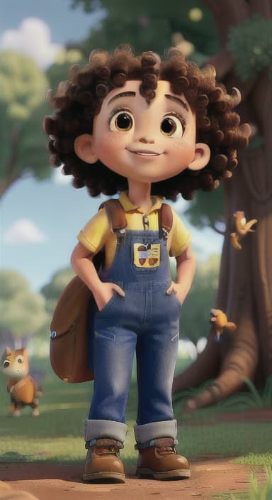  {Riley looking up at the tree with a big smile, animals surrounding them., Riley, a curious with big brown eyes and curly hair, wearing overalls and carrying a small backpack. Their friend, Skye, a bluebird with shiny feathers.