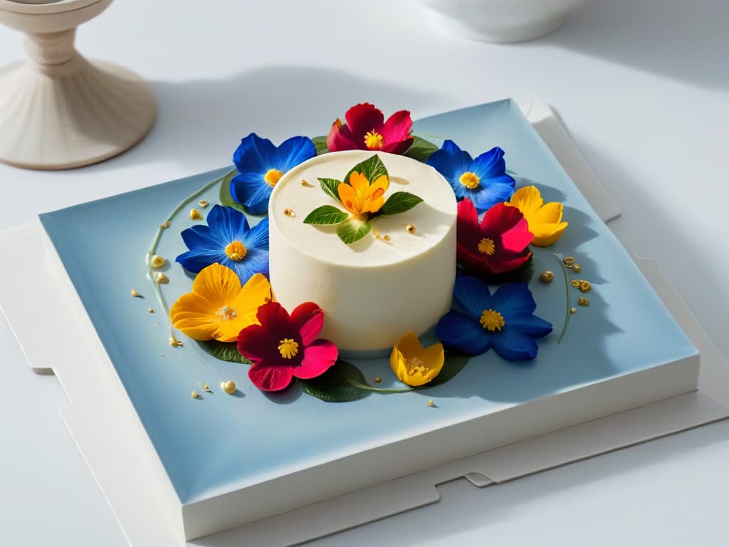  An image of a delicately plated dessert showcasing a fusion of cultural influences, with intricate details such as edible flowers, gold leaf accents, and a symphony of vibrant colors. The dessert is set against a stark white background to emphasize its artistry and sophistication, inviting viewers to appreciate the intricate flavors and textures of multisensorial gastronomy. hyperrealistic, full body, detailed clothing, highly detailed, cinematic lighting, stunningly beautiful, intricate, sharp focus, f/1. 8, 85mm, (centered image composition), (professionally color graded), ((bright soft diffused light)), volumetric fog, trending on instagram, trending on tumblr, HDR 4K, 8K