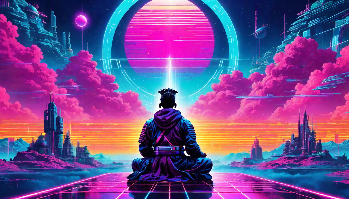  vaporwave,cyberpunk game style figure meditating, cosmic backdrop, vibrant energy lines, transformative glow, peaceful auraeon, dystopian, futuristic, digital, vibrant, detailed, high contrast, reminiscent of cyberpunk genre video games,retro aesthetic, cyberpunk, vibrant, neon colors, vintage 80s and 90s style, highly detailed