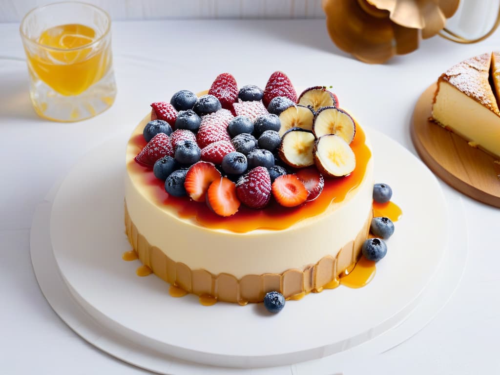  A highresolution, ultradetailed image of a perfectly sliced gourmet healthy cheesecake, showcasing layers of creamy cheesecake filling on a nutty almond crust, topped with fresh berries and a drizzle of honey. The cheesecake sits on a sleek, white marble countertop, with elegant gold cutlery placed next to it, emphasizing a sophisticated and luxurious feel. The lighting is soft, highlighting the textures and vibrant colors of the dessert, inviting the viewer to indulge in a guiltfree treat. hyperrealistic, full body, detailed clothing, highly detailed, cinematic lighting, stunningly beautiful, intricate, sharp focus, f/1. 8, 85mm, (centered image composition), (professionally color graded), ((bright soft diffused light)), volumetric fog, trending on instagram, trending on tumblr, HDR 4K, 8K