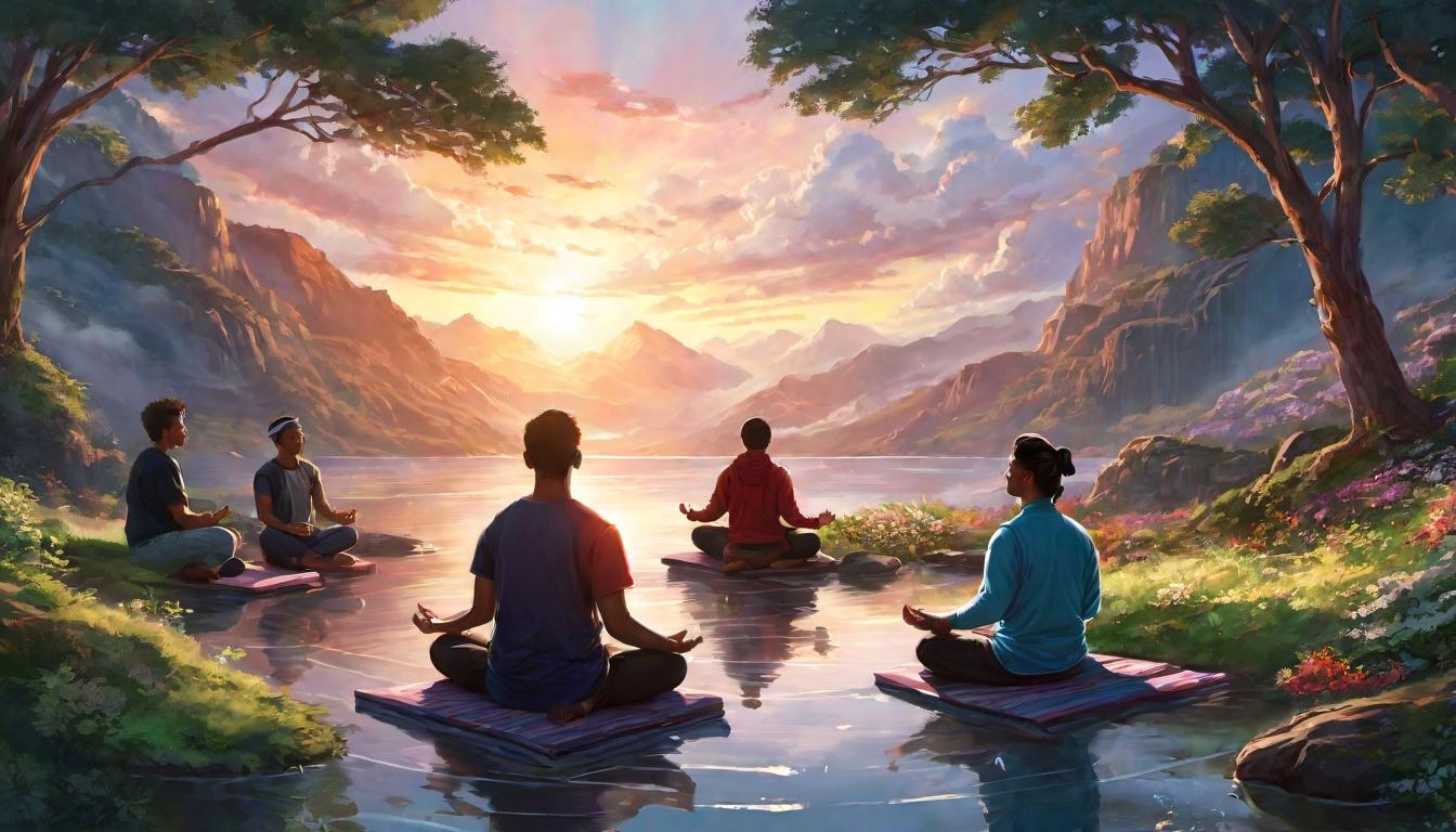  digital illustration, A group of people practicing meditation and affirmations, connected, supportive atmosphere, harmonious energy, looking at viewer, dynamic pose, (intricate details, masterpiece, best quality)