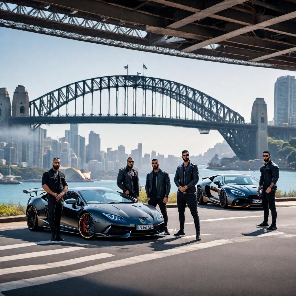  Sydney Harbour Bridge in the background with a Lebanese gang in their 20s from an underworld crime scene. They are dressed in sporty clothes, with Lamborghini cars and Mercedes C63s around them. The gang members are holding weapons. hyperrealistic, full body, detailed clothing, highly detailed, cinematic lighting, stunningly beautiful, intricate, sharp focus, f/1. 8, 85mm, (centered image composition), (professionally color graded), ((bright soft diffused light)), volumetric fog, trending on instagram, trending on tumblr, HDR 4K, 8K