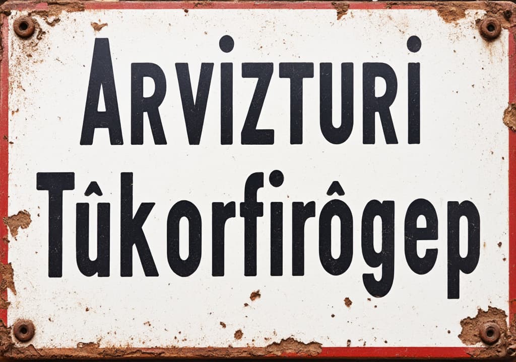  good quality, high quality, a rusty weather beaten metal signboard white, edge painted red, with large text roboto font, hungarian language, "árvíztűrő tükörfúrógép"