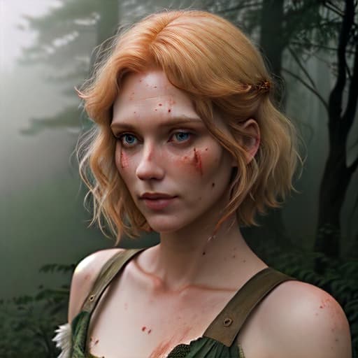  strawberry blonde short shoulder length hair, herbalist, naturalist from 1899, beautiful details on her face, she is in the wilderness, so she is slightly dirty. survivalist. stunning beauty, epic detail, photo realism, foggy forest, gloomy, ethereal beauty.