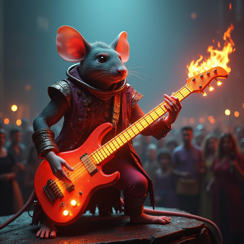  scepic shot of anthropomorphic rat man playing electric guitar, bard, flashy bright colored clothing, playing in front of large crowd, dungeon concert, flames guitar hyperrealistic, full body, detailed clothing, highly detailed, cinematic lighting, stunningly beautiful, intricate, sharp focus, f/1. 8, 85mm, (centered image composition), (professionally color graded), ((bright soft diffused light)), volumetric fog, trending on instagram, trending on tumblr, HDR 4K, 8K