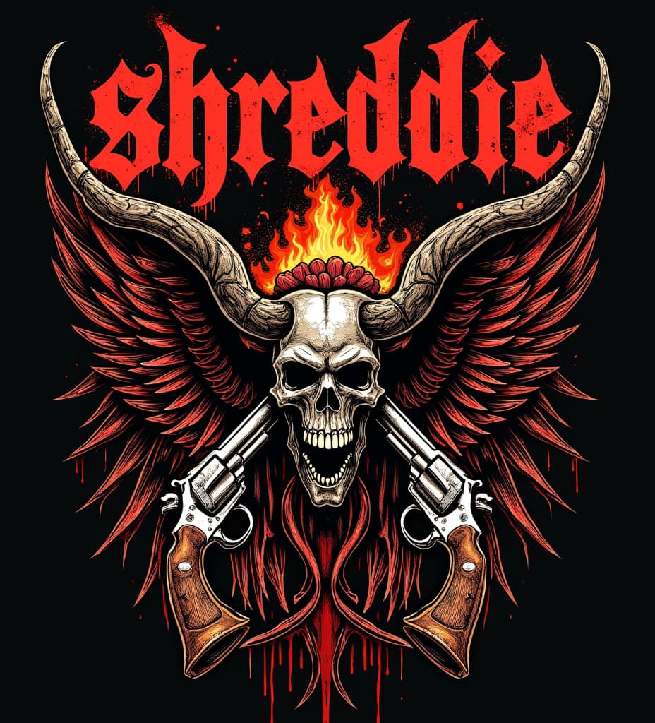  good quality, high quality, death metal shirt design. there are designs related to metal music. fire and abstract shapes. organs are strewn about. the letters "shreddie" on top of the design. epic font. wild western themes and design elements are on the shirt as well. revolvers and outlaw elements. gore and blood.