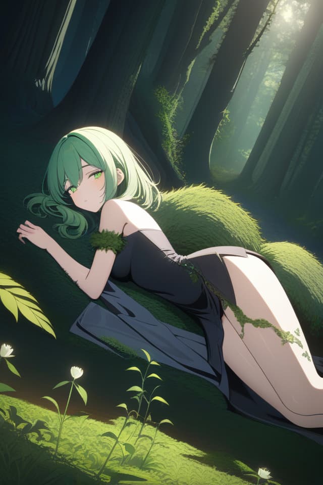  ((Mossy robot, broken robot girl lying in the forest, Half Closed Narrow Eyes)), sprout, Green Hair 1 Girl, (Absurdress, masterpiece, ultimate quality), official art, aesthetic, (diffusion lighting, environment) Lighting), detailed skin texture, best shadow, very detail, colorful, 8k Wallpaper, Raw Photoristic Detailed, Dutch Angle, 💩, 💩, 💩, hyperrealistic, full body, detailed clothing, highly detailed, cinematic lighting, stunningly beautiful, intricate, sharp focus, f/1. 8, 85mm, (centered image composition), (professionally color graded), ((bright soft diffused light)), volumetric fog, trending on instagram, trending on tumblr, HDR 4K, 8K